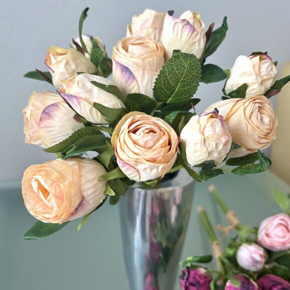13 1/4" Cream 12 Bud Faux Artificial Roses Rosebuds Flower Bundle Bouquet New - Picture 1 of 5